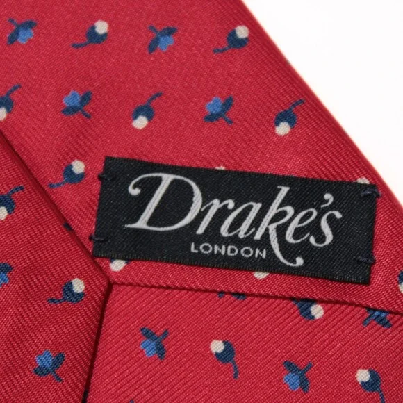 Drake's NWT Neck Tie in Red with Blue / White Mini Floral Pattern 100% Silk